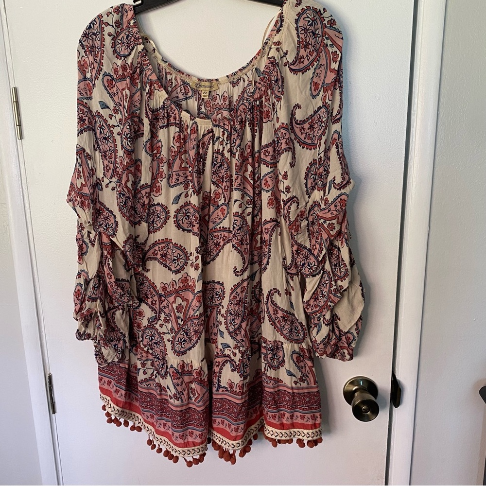 Democracy Ruffle Pom Pom Shirt Paisley Print Size 1x Adorable